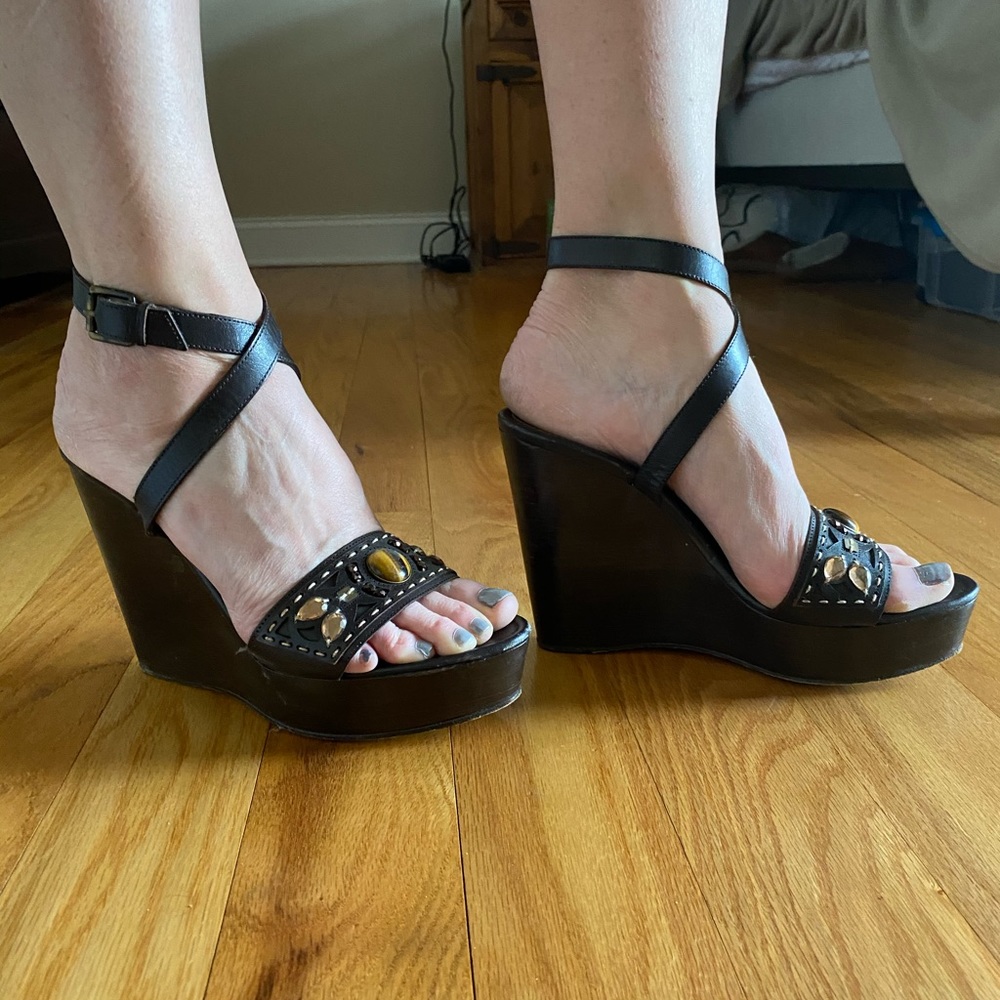 BCBG MaxAzaria brown wedge jeweled shoes
